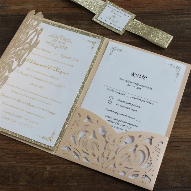 Light grey laser cut pocket wedding invitation grey and gold glitter invite personalized design printing