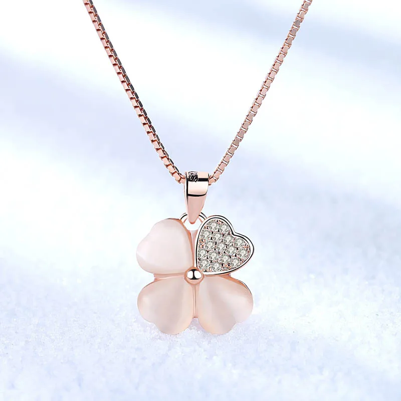 925 sterling silver new ladies fashion jewelry high quality pink crystal zircon flower leaf pendant necklace length 45CM