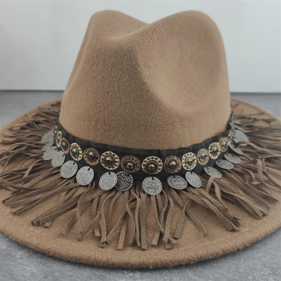 Boho fedora hats women feather band belt hat british elegant fascinator Leather Tassel winter women hats