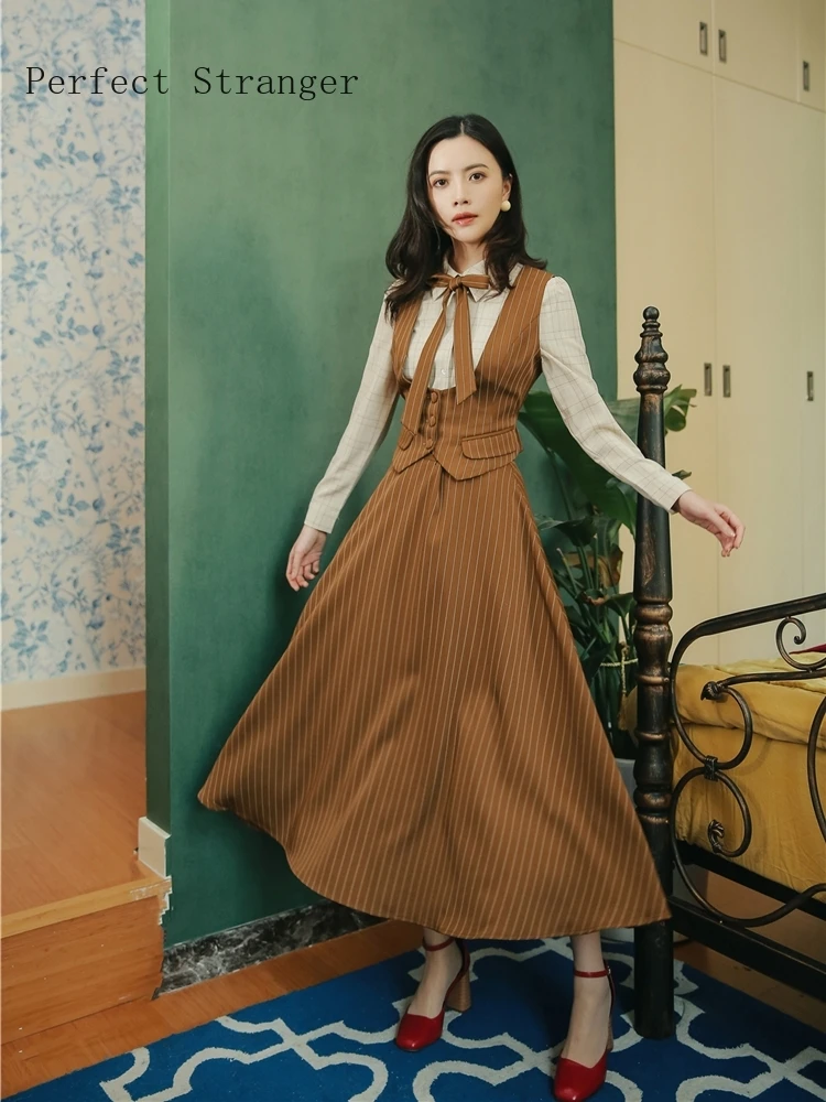 Conjunto de 3 piezas de vestido a rayas para mujer, traje de alta calidad para otoño e invierno, gran oferta, novedad de 2020