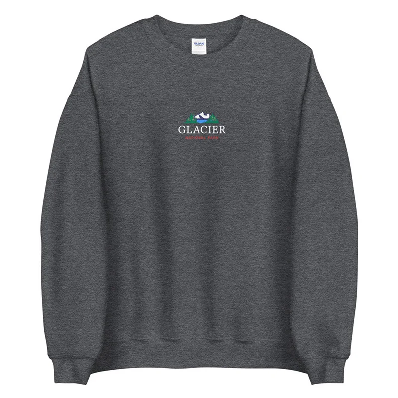 Glacier National Park Embroidery Printing Gray Sweatshirts For Female Loose Vintage Thick Pullover Crewneck Cotton Casual Jumper