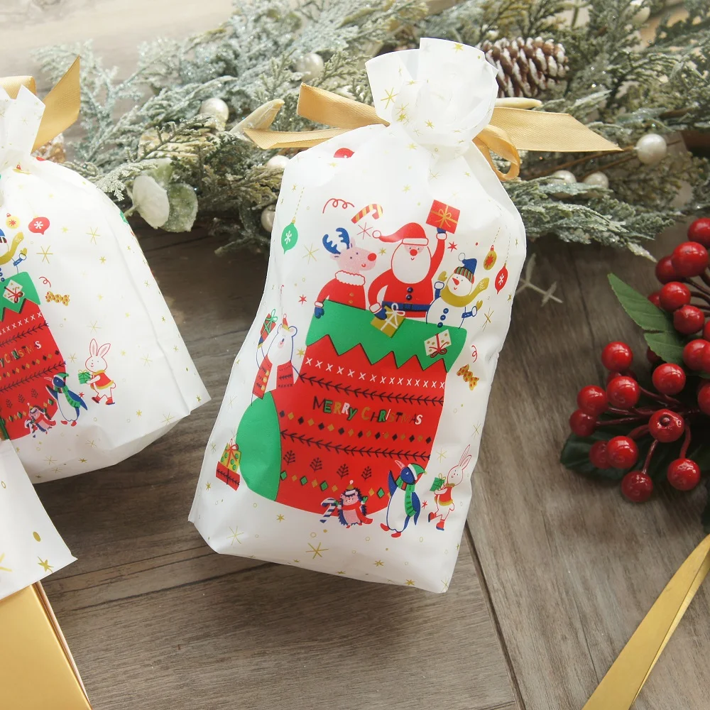 3 Size 50pcs Christmas Garland Bow Design Bag with Ribbon Cookie Candy Big Party Gift Plastic Packaging Bags