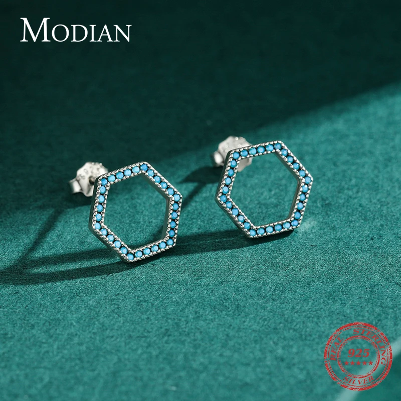 Modian minimalismo 925 prata esterlina vintage oco para fora hexágono requintado brincos para mulher turquesa jóias finas joyas