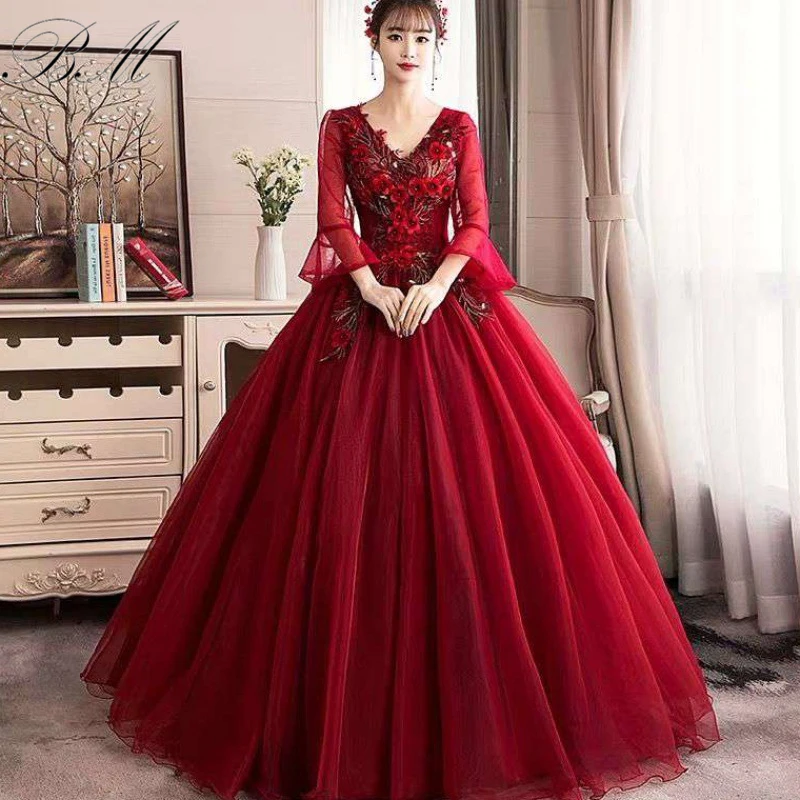 2021 Stock V Neck Ball Gown Quinceanera Dresses Burgundy Tulle Long Sweet 16 Gown Pageant For Women Vestidos De 15 Anos