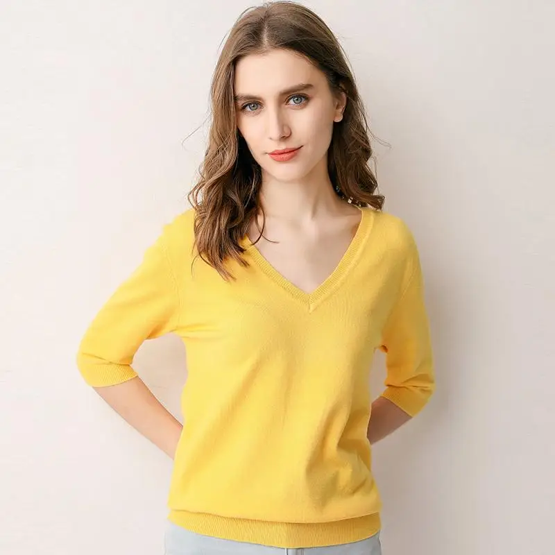 Spring/Summer Ladies Sweater V-neck Pullover Solid Color Half-sleeved Knitwear Sweater Thin Casual Soft Bottoming Tops