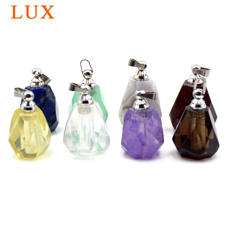 

Natural Gemstone Perfume Bottle Pendant, Healing Crystal Essential Oil Vial Charm Necklace Making, Amethyst Fluorite Citrine