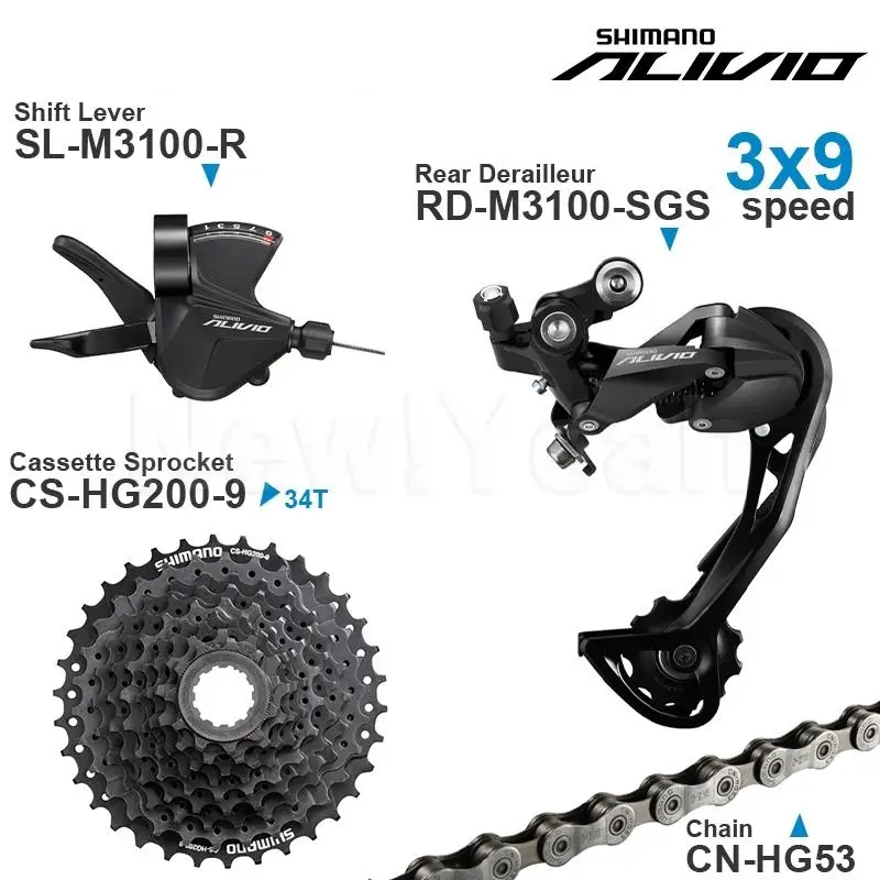 

9-скоростной групсет SHIMANO ALIVIO M3100 включает задний переключатель передач M3100, кассета HG200, звездочка, 32/34/36T и HG53 цепи