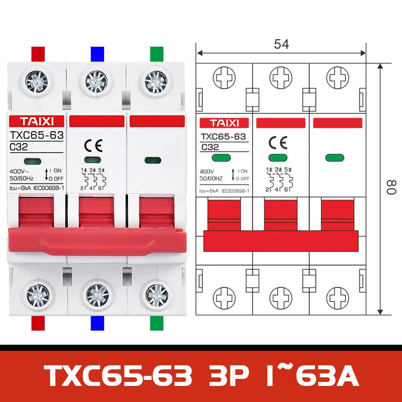 6KA MCB C65N-63 Miniature Circuit Breakers with Indication AC 400V 1P 2Pole 3P 4P 6000A Breaking 30A 60A