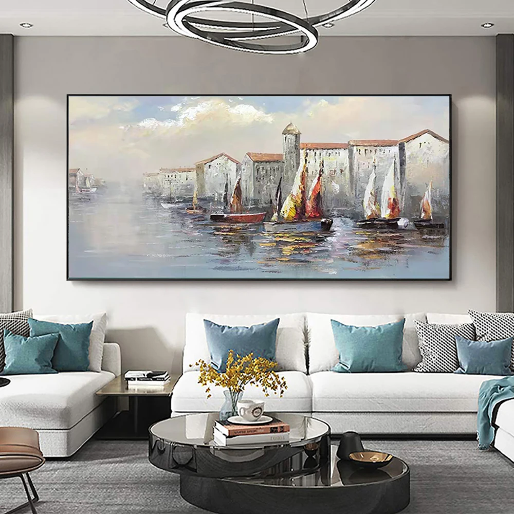 Hand Painted Abstract Venice Landscape Oil Painting On Canvas Wall Art Water Sailboat Painting for Living Room Wall Decor Mural