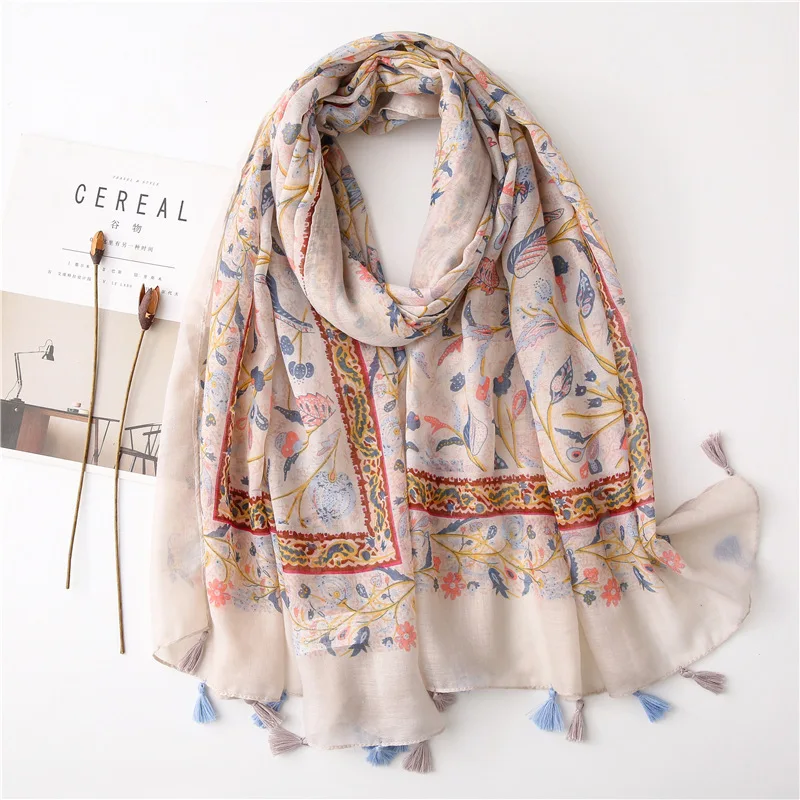 

New Positioning Printing Beige Flowers Cotton Linen Gauze Sunscreen Shawl Female Beach Towel Scarf