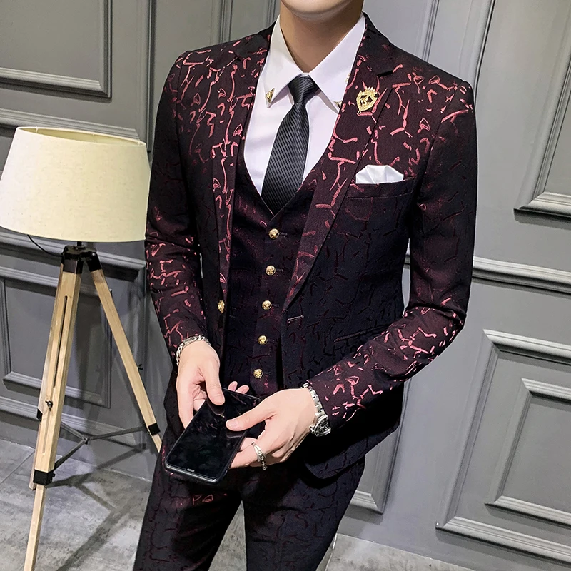 Luxury Men Suit Sets Latest Coat Pant Vest Design Dress Suits Floral Slim Men\'s Groom Tuxedo Suit Royal Blue Burgundy Men Suits