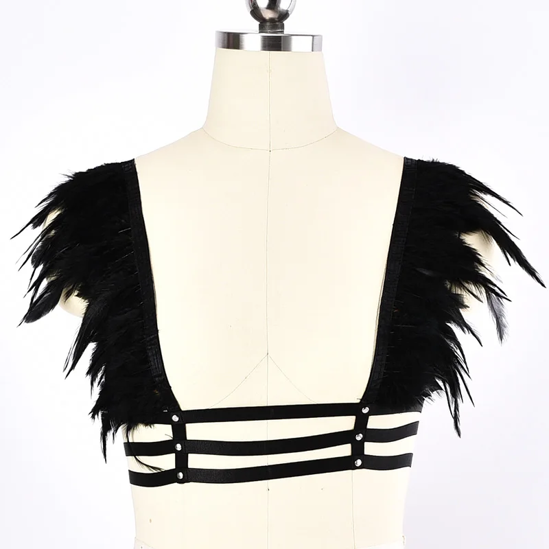

Angel Wing Feather Harness Bralette Crop Tops Epaulettes Shoulder Steampunk Goth Fetish Exotic Festival Plus Size Cage Bra