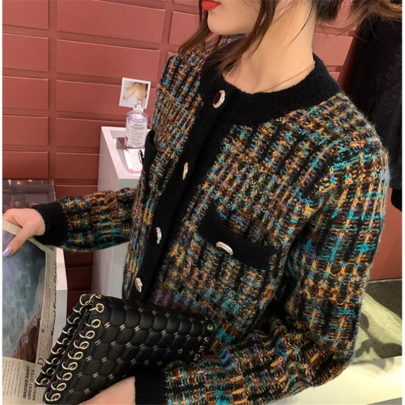 Sweater Cardigan Women Autumn And Winter 2023 Fashion New Round Neck Long-sleeved Color Matching Knitted Jacket All-match