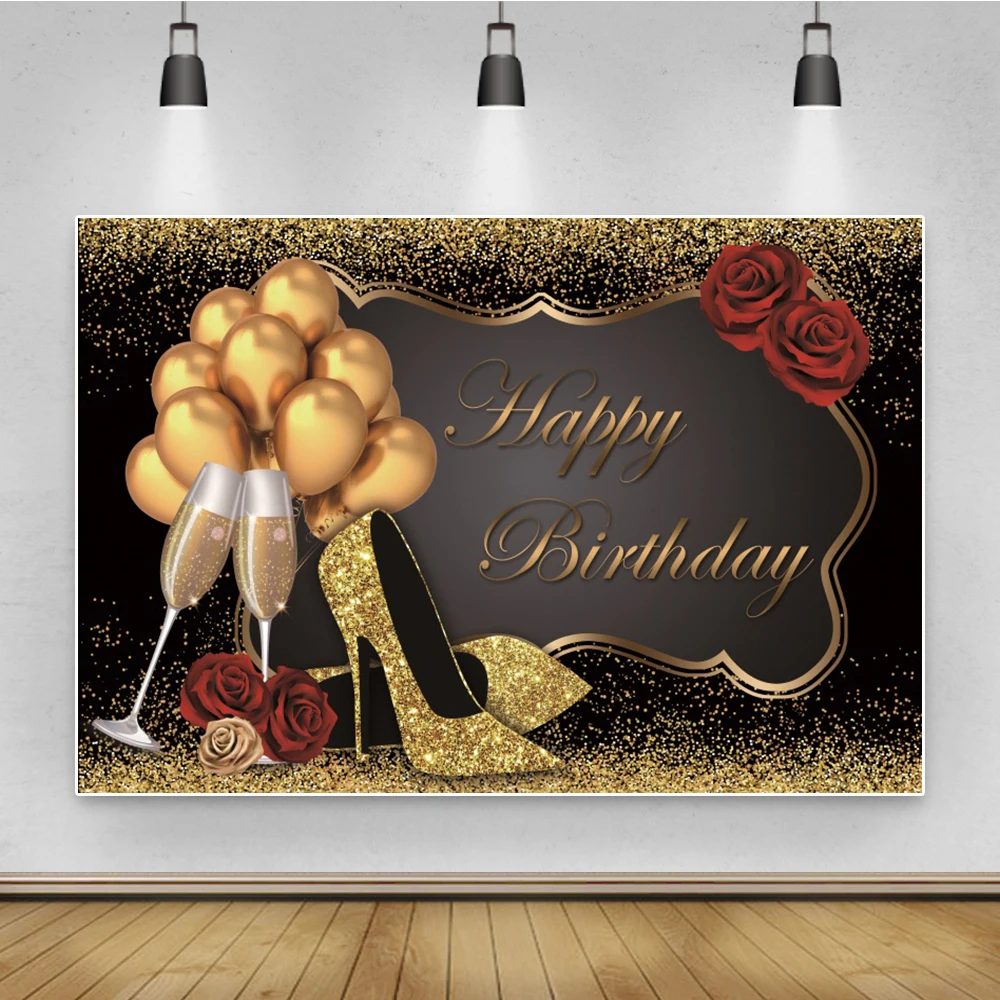 Photo Background Happy Fabulous Women's Birthday Party Golden High Heels Dots Feather Poster Photographic Backdrop Photo Studio