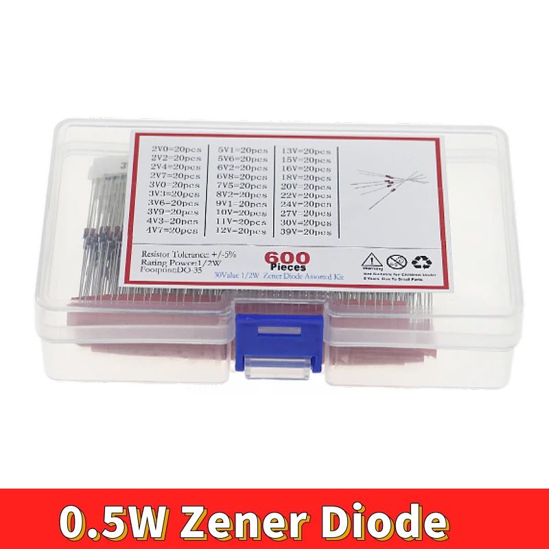 600pcs 2V - 39V 30Values 1/2W 0.5W Zener Diode Assorted Kit 20pcs Each Value