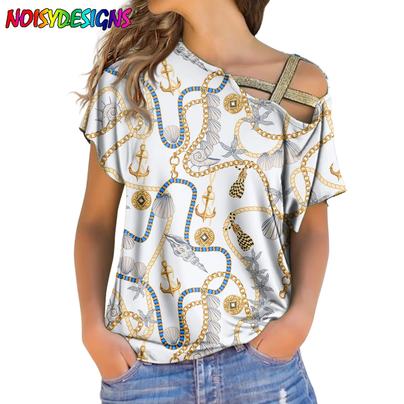 NOISYDESIGNS Gold Chain Prints Short Sleeve Oblique Shoulder Irregular Butterfly Printed T Shirt Women Tshirt Summer Top Tees