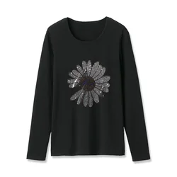 Spring New Fashion Korean Style Black Long sleeve T-shirt women daisy Pattern Hot diamonds Loose Casual Round neck tops female