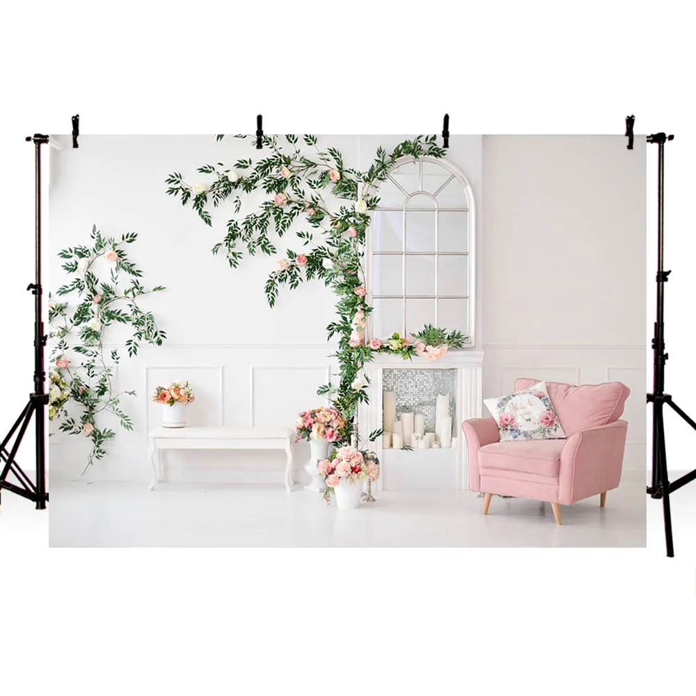 Mehofond Cưới Cô Dâu Tắm Chụp Ảnh Phông Nền Xanh Nhánh Hoa Màu Hồng Trắng Hình Lọ Lò Sưởi Ghế Sofa Nền Studio Chụp Ảnh