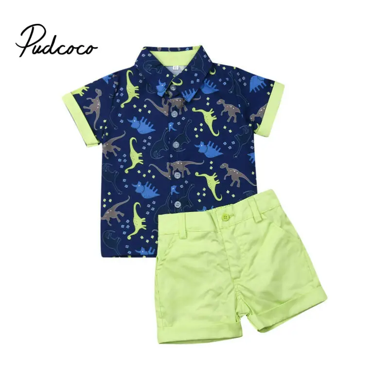 2PCS Children Sets Boys Turn-down Neck Dress Shirt and Denim Shorts Summer Casual Cartoon Dinosaur Cotton Kids Boy Clothes 1-5Y