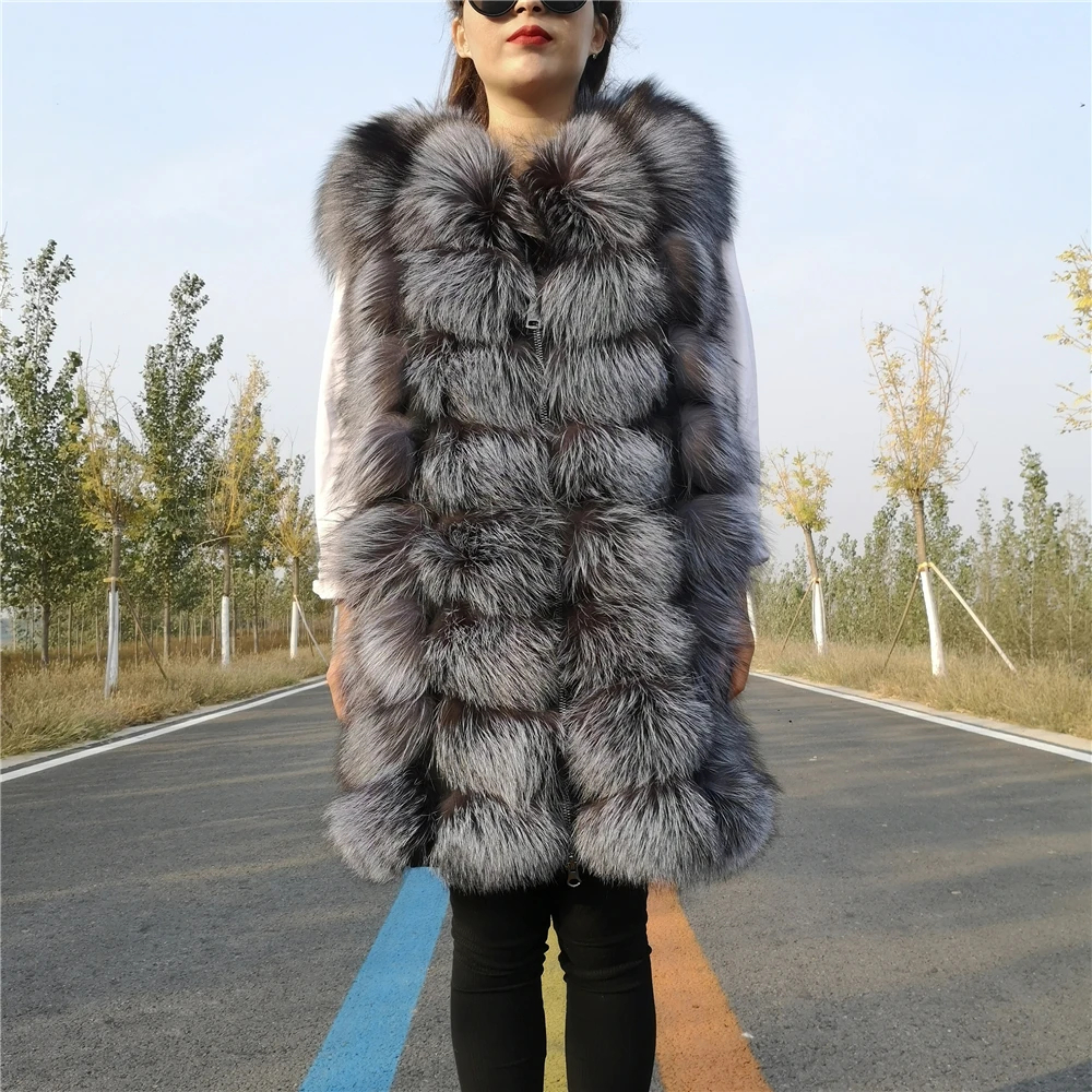 Women\'s Real Natural Silver Fox Fur Vest, Plus Size, Long, Winter Sleeveless Jacket, Female Red Vests