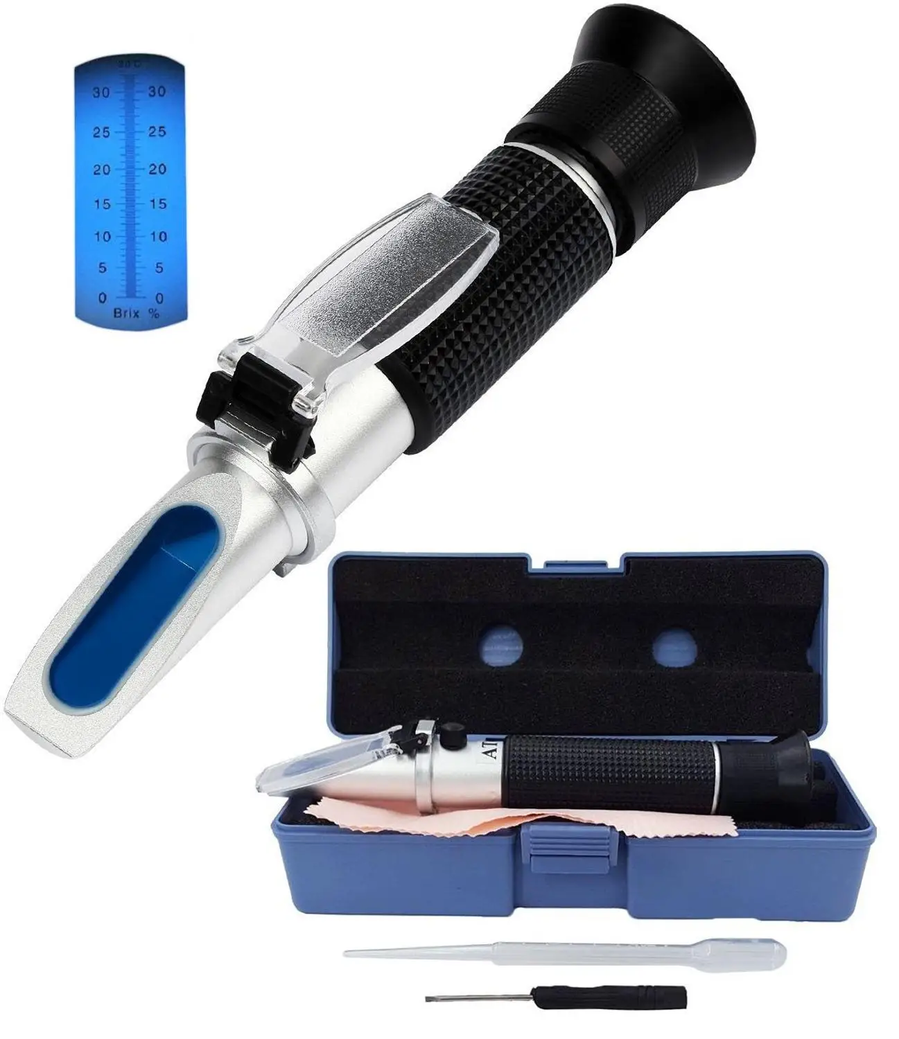 Brix Refractometer Hand held Sugar Level Test Meter Food Fruit Beverages Brix Content Homebrew Tool with ATC/Brix Range 0~32%