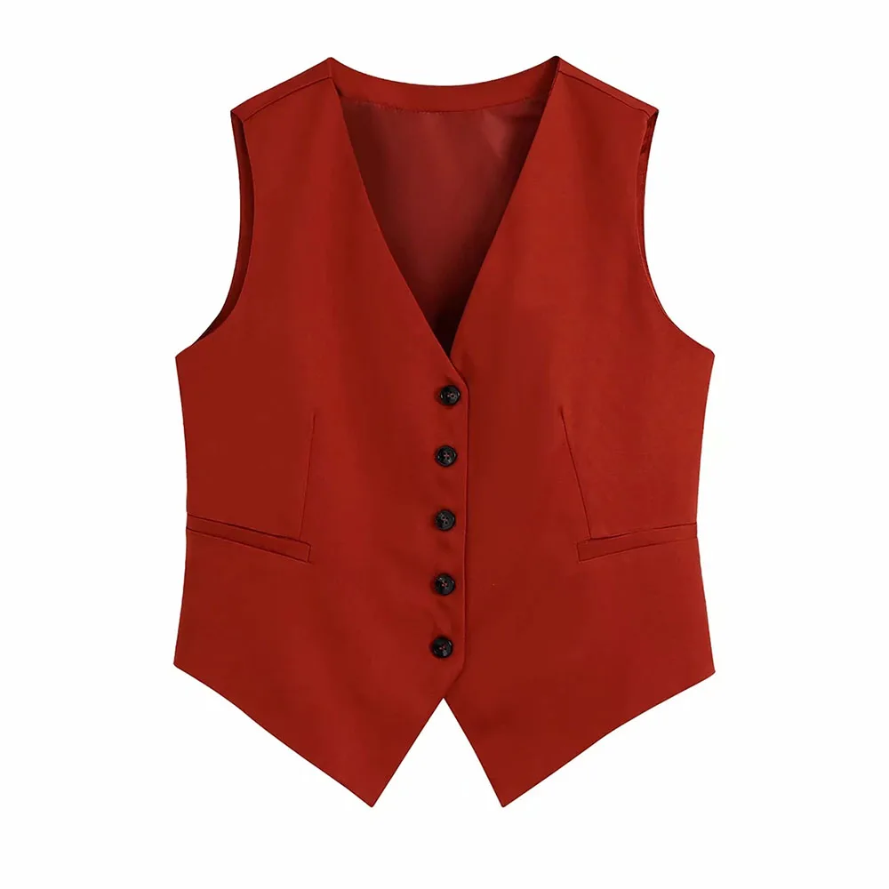 XEASY 2021 Women Elegant Red Streetwear Sleeveless Short Vest Female Vintage Slim V-Neck Single-breasted Casual Waistcoat