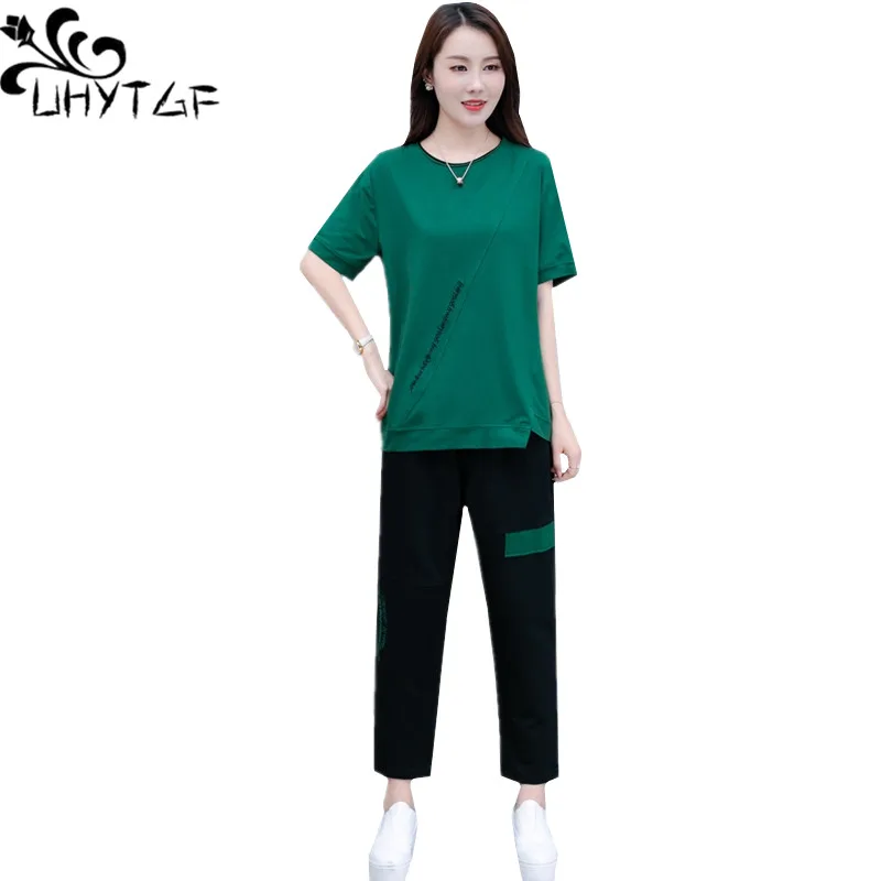 

UHYTGF Big size 2 piece set Women fashion summer clothes for women short sleeve loose elegant women's tracksuit casual sets 947