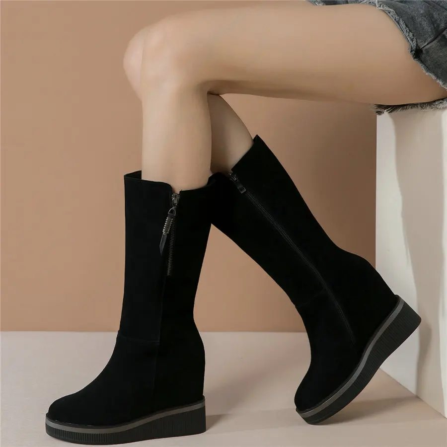 Casual Shoes Women Genuine Leather High Heel Ankle Boots Female High Top Round Toe Fashion Sneakers Platform Wedges Pumps Shoes