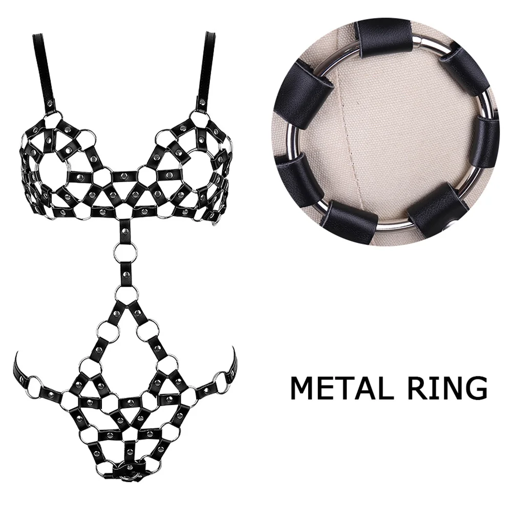 Sexy Lingerie Set Punk Lederen Tops Metalen Ketting Gothic Stijl Harnas Voor Vrouwen Riem Taille Size Jarretel Kostuum Pole Dance