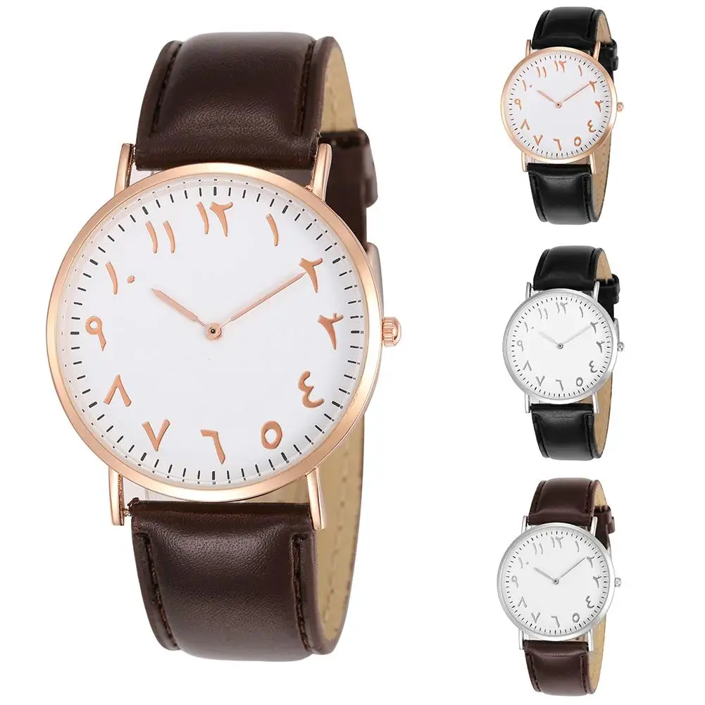 แฟชั่นอาหรับ Analog รอบ Dial ผู้ชายผู้หญิง Quartz นาฬิกาข้อมือหนัง Faux นาฬิกา Zegarek ผู้ชายใหม่แฟชั่นกีฬาสแตนเลส