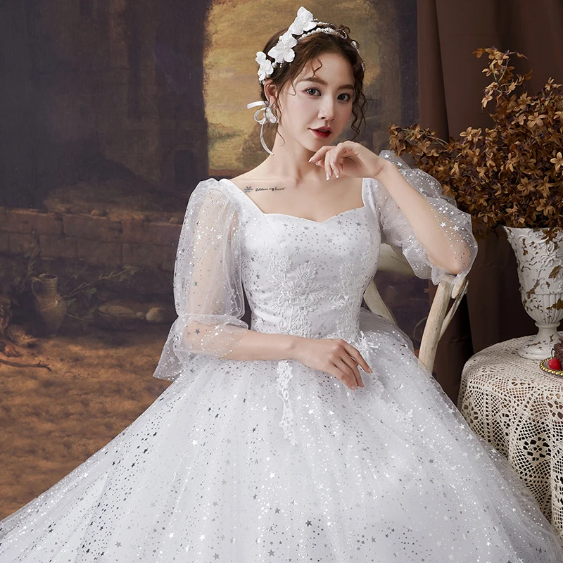 AnXin SH princess sparkly lace white vintage sweetheart silvery star sequin flare sleeve bride red customized wedding dress