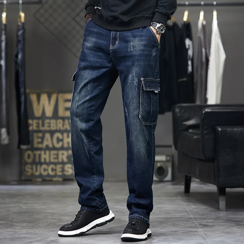 Idopy Men`s Cargo Jeans Fashion Multi Pockets Work Blue Vintage Ripped Distressed Denim Pants For Male Plus Size