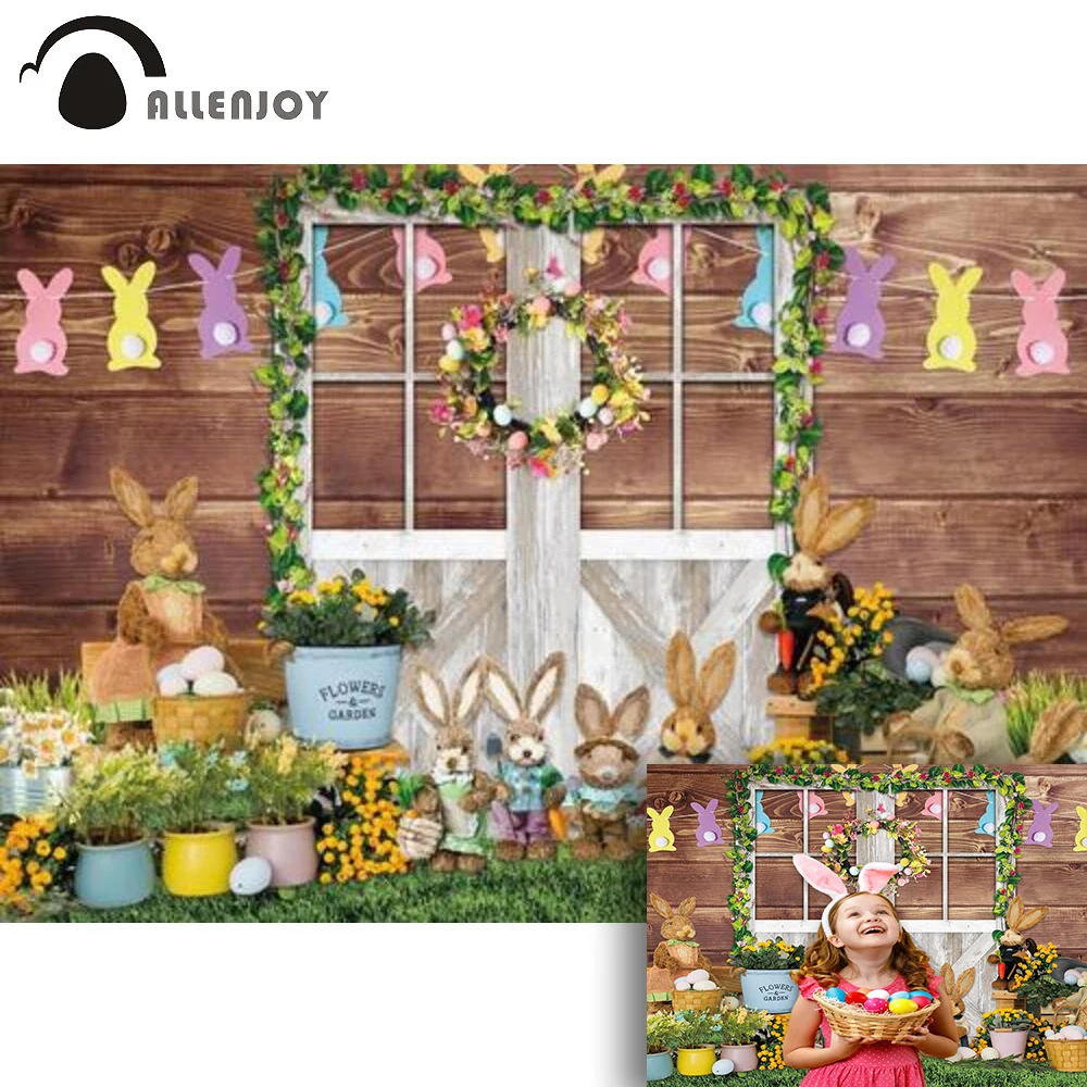 

Allenjoy Happy Easter Background Spring Holiday Rabbits Colourful Baby Shower Barn Wooden Door Newborn Photozone Backdrop