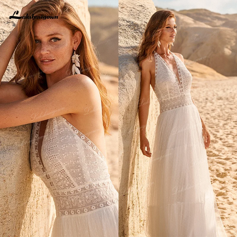 Vestidos de Novia bohemios con cuello Halter, Vestido de Novia de encaje con Espalda descubierta, estilo bohemio, para playa, 2021