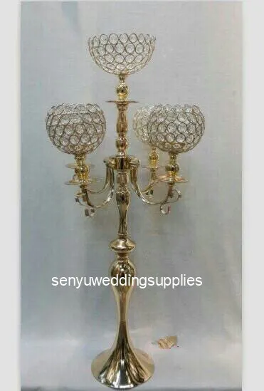 wholesale 83cm tall gold metal 5 heads floor standing wedding candelabra with hurricane  senyu1400