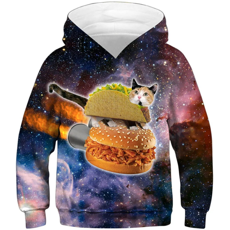 Boy Teens Hoodies Animal Cat Mouse Galaxy Food Hamburger Print Casual Sweatshirts Kids Spring Autumn Anime Coat Pullover CLothes