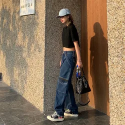 Oversize Loose Straight Jeans Women's Autumn Korean Casual Cargo Pants Retro High Waist High Waist Jeans Patchwork Women Jeans