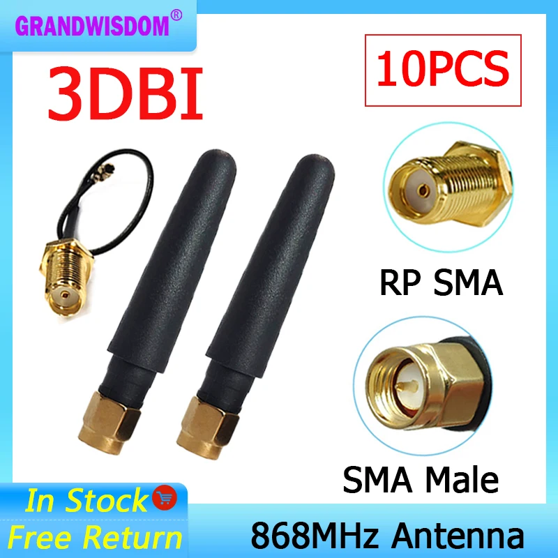 

GRANDWISDOM 10pcs 868mhz antenna 2dbi sma male 915mhz lora antene module lorawan ipex 1 SMA female pigtail Extension Cable