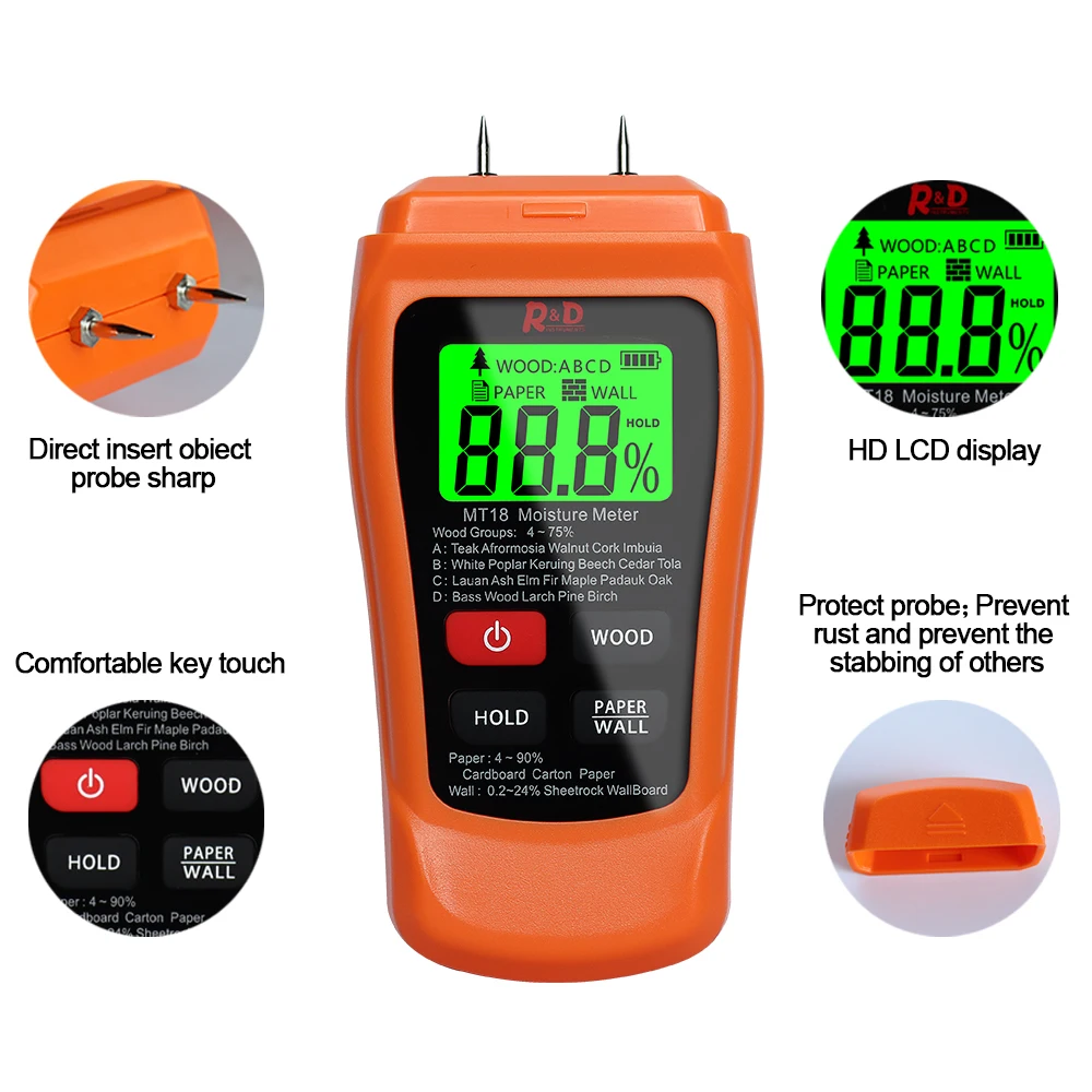 NEW MT-18 Orange 0-99.9% Two Pins Digital Wood Moisture Meter Paper Humidity Tester Wall Hygrometer Timber Damp Detector