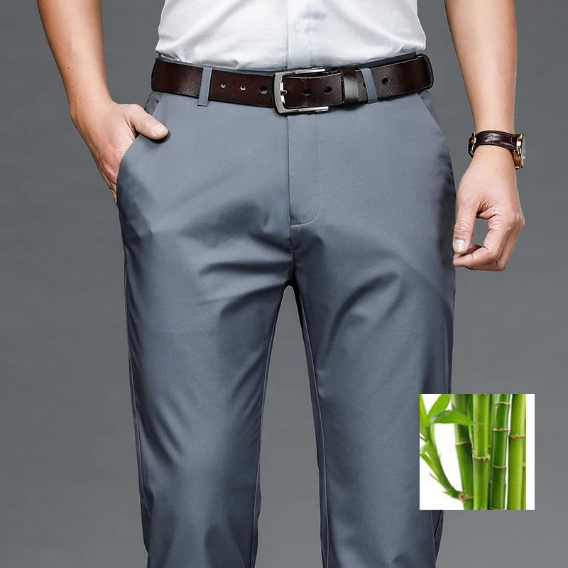 Pantalones casuales de negocios para hombres, Pantalones rectos de tela de fibra de bambú, alta calidad, negocios, oficina, Verano