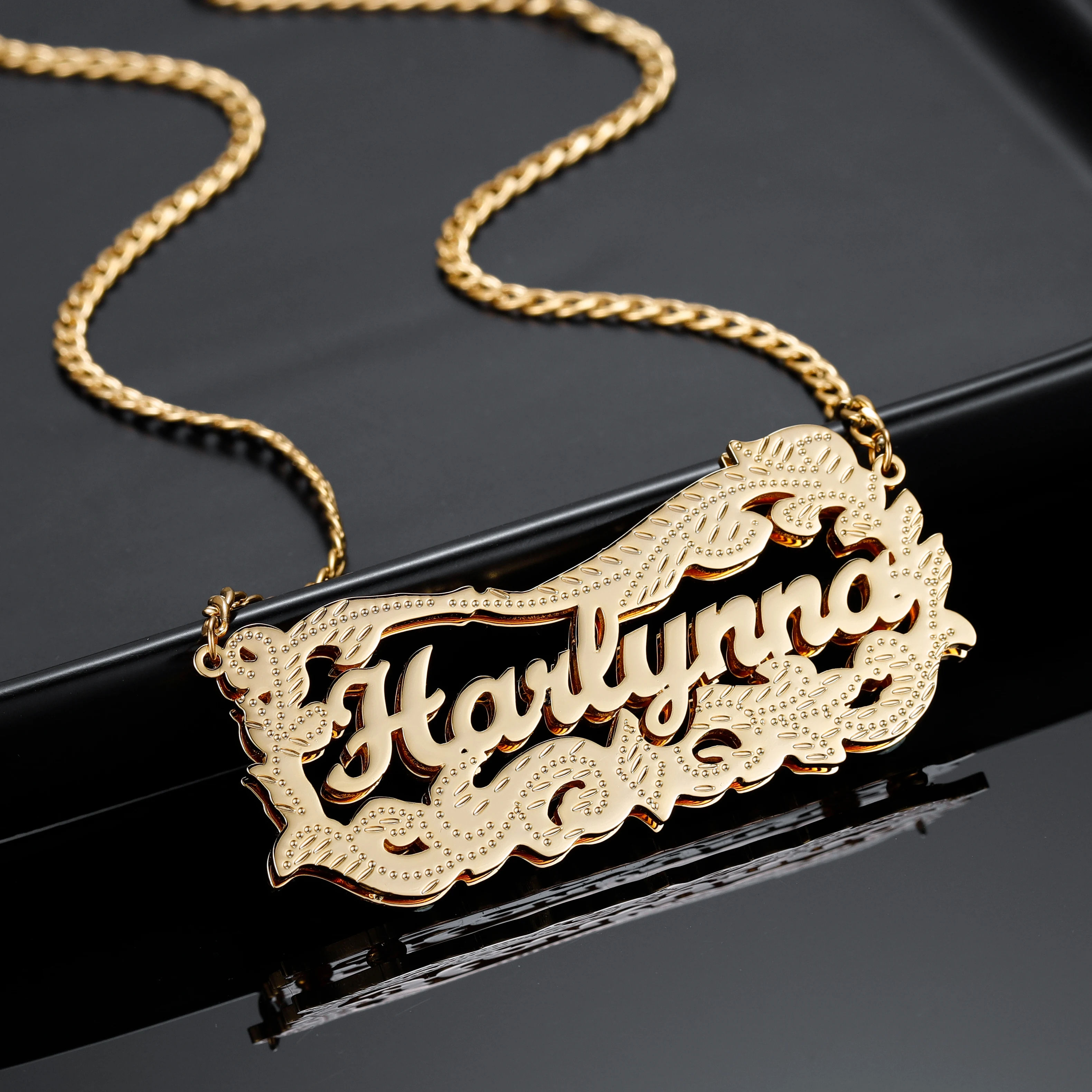 18K Plated Gold Yellow Custom 3D Double Names Chain Nameplate Pendant Necklace With Chain For Women Personalize 3D Jewelry Gift