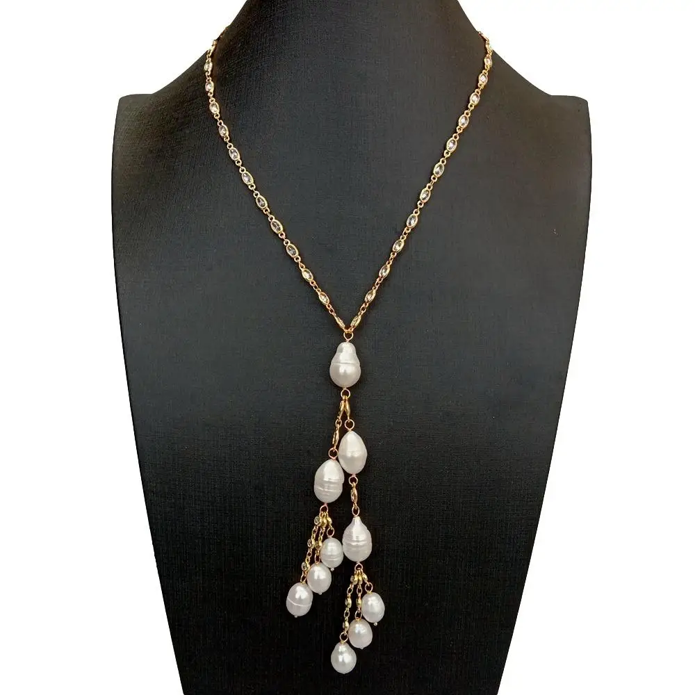 Y·YING Cultured Freshwater White Rice Pearl Cubic Zirconia Oval Bezel Set Chain Necklace 18