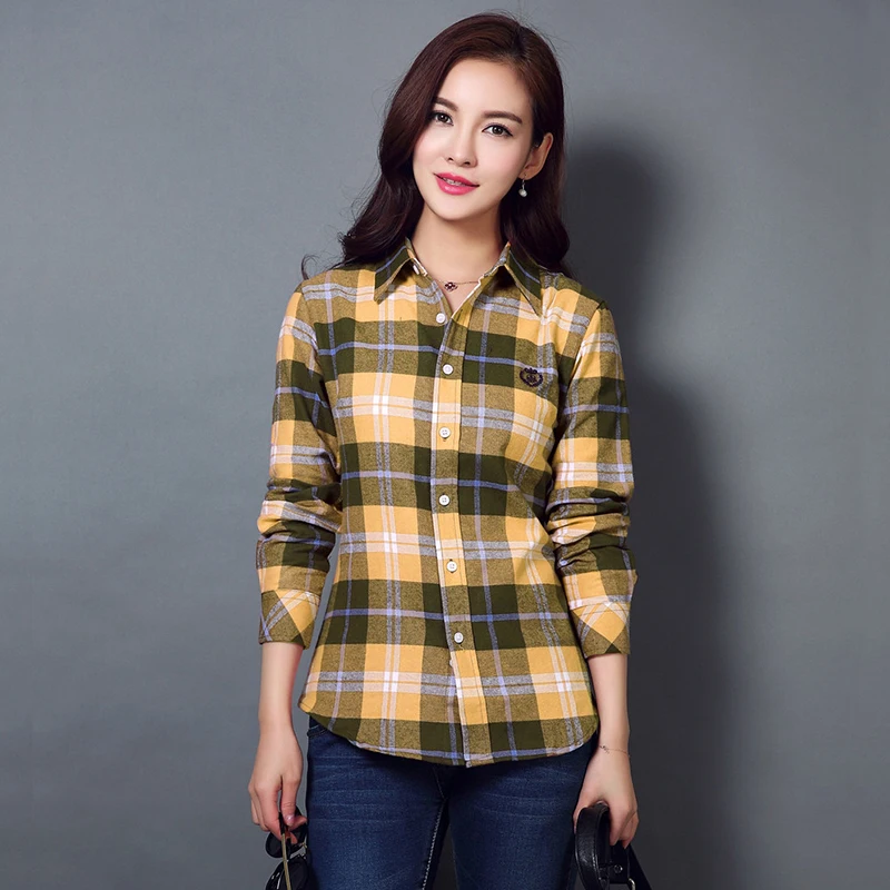 S-4XL Frauen Baumwolle Shirt Frühling Herbst Winter 2023 Neu Zwanglos Lange Ärmel Gebürstet Plaid Streifen Hemden Mädchen Oberteile Bluse Weiblich