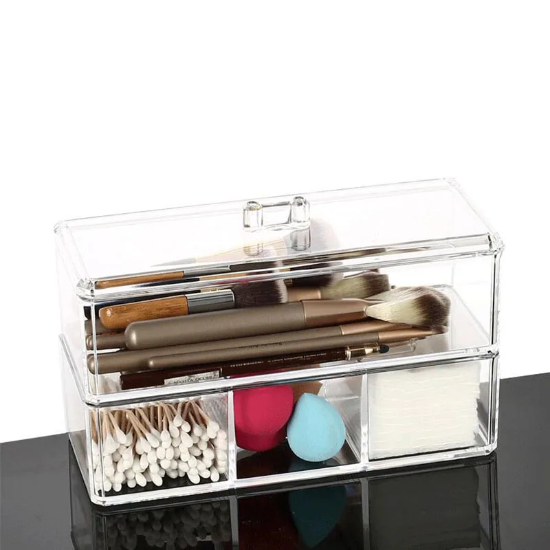 1/2 Layer Makeup Organizer Cosmetic Storage Box Cotton Pad Holder Storage Container with Lid Acrylic Makeup Brush Holder