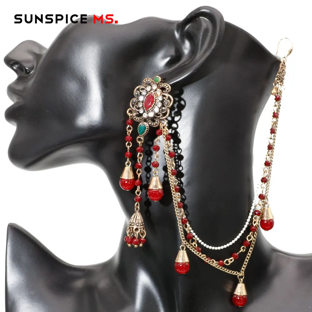 Sunspicems Indian Wedding Jewelry Tassel Earring Link Headdress for Women Antique Gold Color Natural Stone Beads Chain Algerian