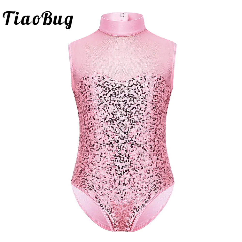 

TiaoBug Kids Girls Sparkly Sequins Sleeveless Mock Neck Tulle Splice Gymnastics Leotard Ballet Dress Stage Performance Dancewear