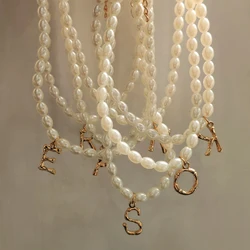 Fashion White Baroque Pearl Beaded Necklace For Women Big Golden Metal Bamboo 26 Letter Necklace Initial Alphabet Jewelry Gifts