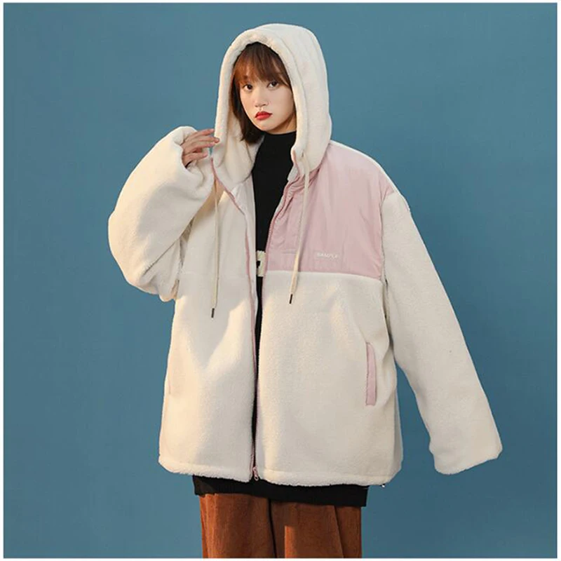 Lambswool Coat Women Winter Thick Warm Parka Harajuku Patchwork Zipper Hooded Jacket Cotton Padded Oversize Outwear Students