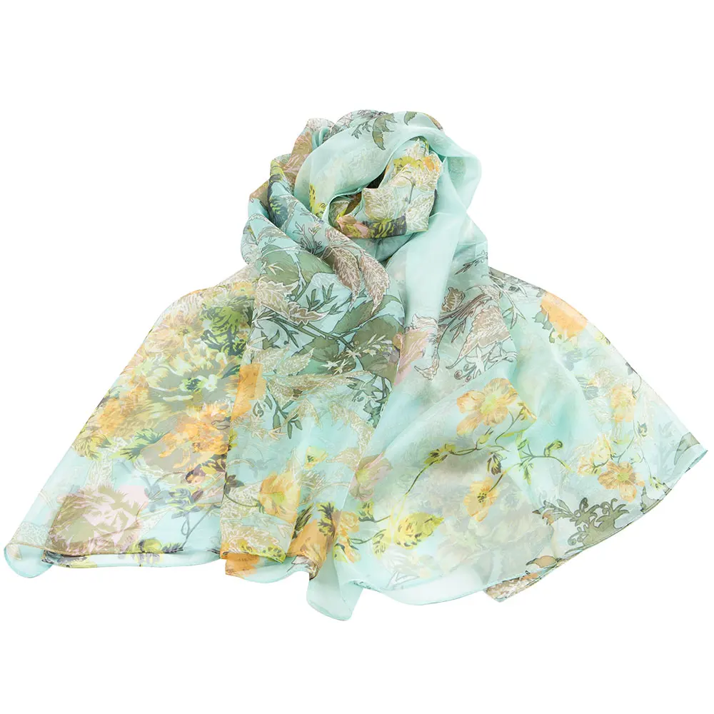 

100% Pure Silk Scarf Women Chiffon Pashmina Floral Female Natural Silk Shawl Flower Long Wrap Gift for Lady Office Present Hijab