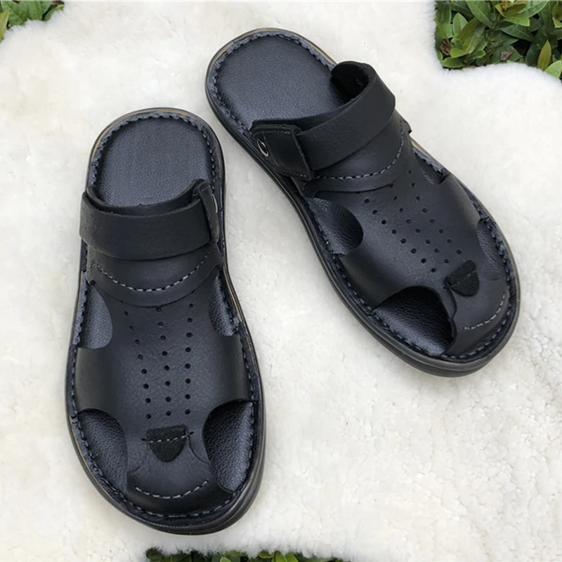 Middle-aged Men Summer Sandals Real Lether Soft Close Toe Slides  Men\'s Dalily Casual Outdoor Shoes